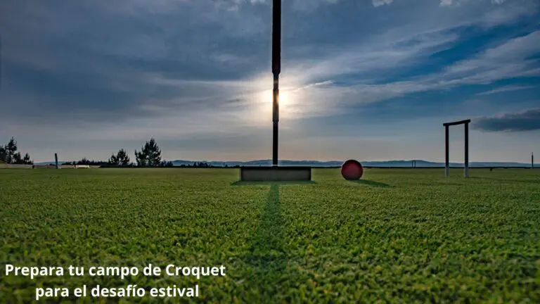 Campo de croquet al atardecer con una bola y un aro, con el texto: Prepara tu campo de Croquet para el desafío estival