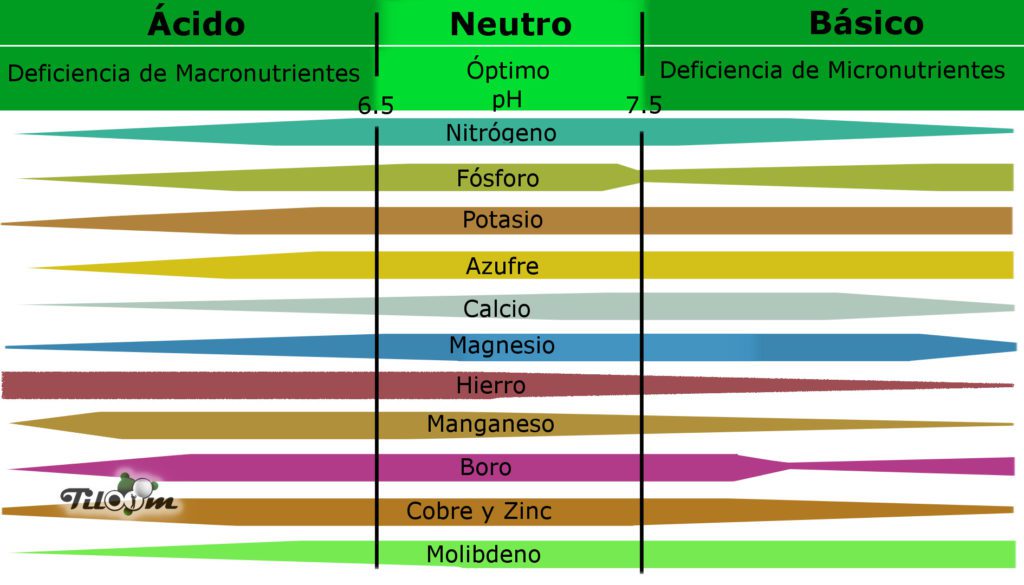 Tabla de la relación entre el pH y la capacidad vegetal de absorción de nutrientes.