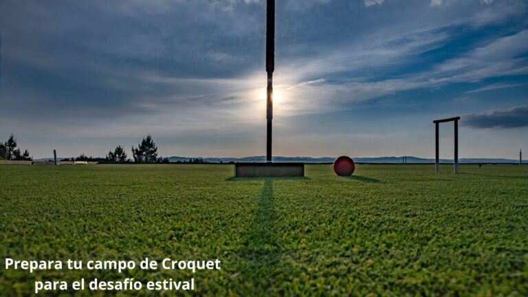 Campo da croquet al tramonto con una palla e un cerchio, con il testo: Preparate il vostro campo da croquet per la sfida estiva.
